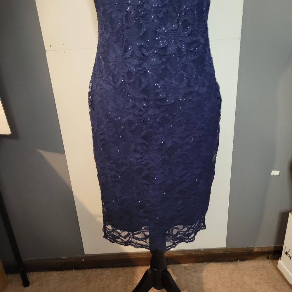 Roz & Ali Navy Blue One Shoulder Lace Dress Size 6 - Picture 3 of 11